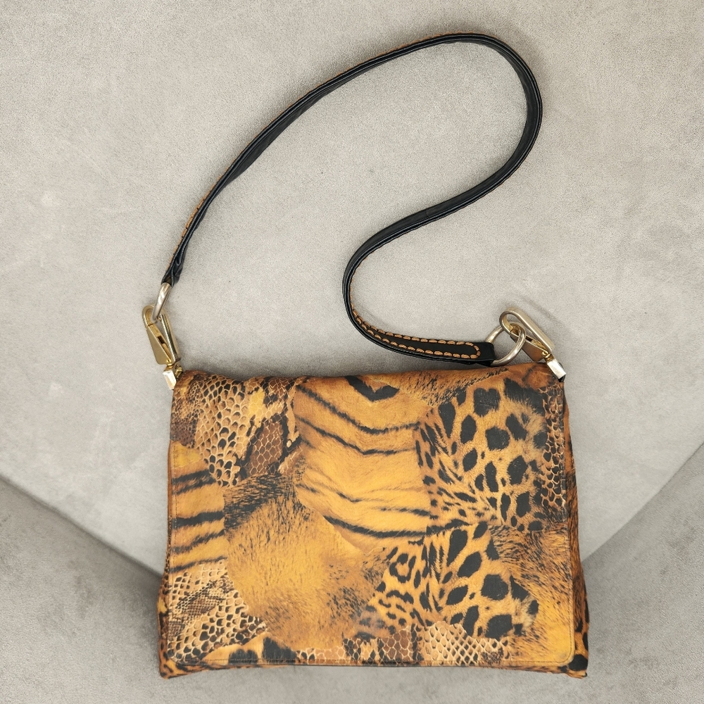 Vintage Y2K Plinio Visona Shoulder Bag Black Leather Animal Print Made In Italy
